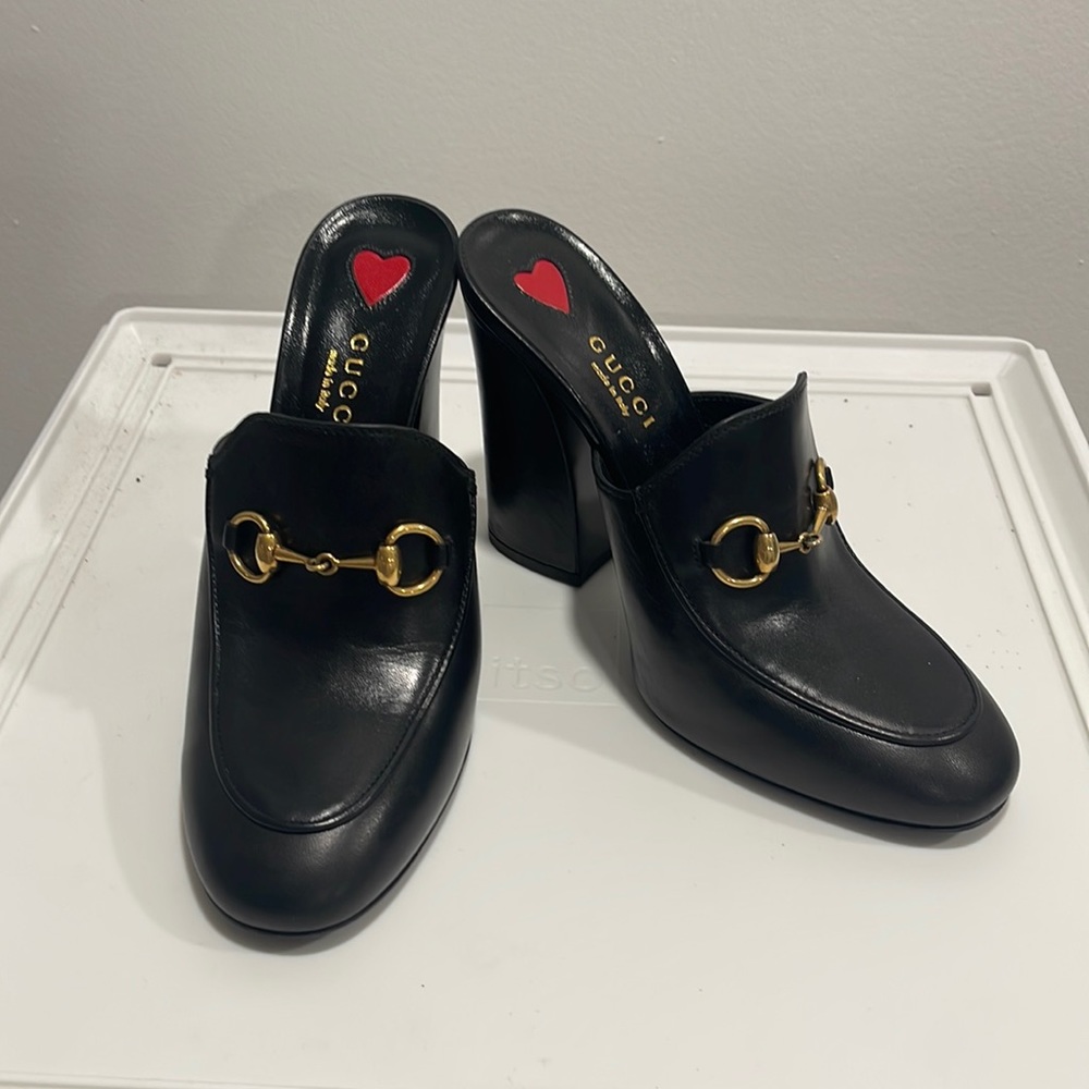 Gucci Black Leather Horsebit Julie Princetown Block Heel Mules Size 35 1/2